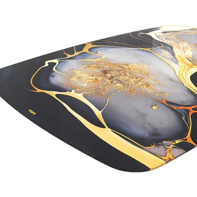 Обеденный стол с прямоугольной черно-золотой столешницей из стекла на 4-х металлических ножках Gold and Black Marble