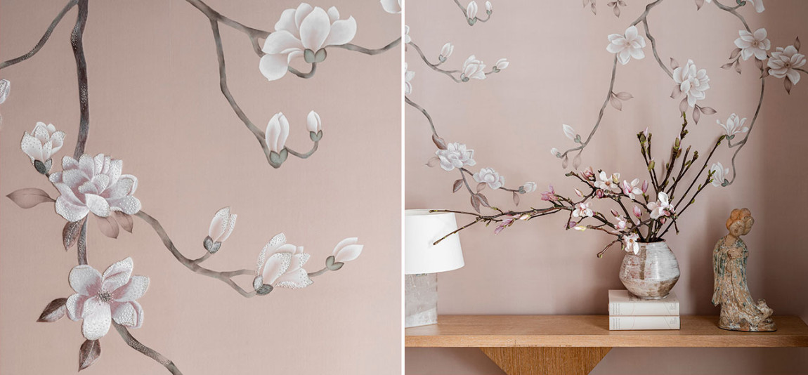 Обои Magnolia Canopy Original colourway on Almost Mauve dyed silk with embroidery