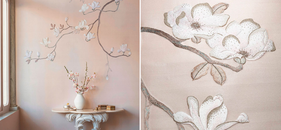 Обои Magnolia Canopy Original colourway on Rose Water metallic slub silk