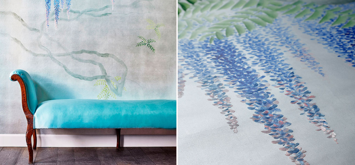 Обои в Японском стиле Wisteria Colourway SC-97 on Sterling Silver gilded silk