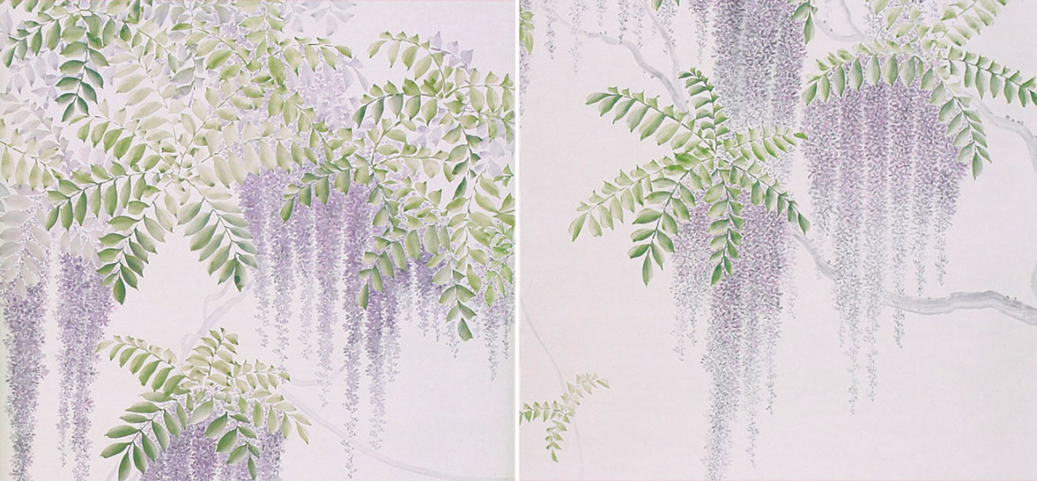 Обои в японском стиле Wisteria Lavender on Lilac Mica metallic Xuan paper