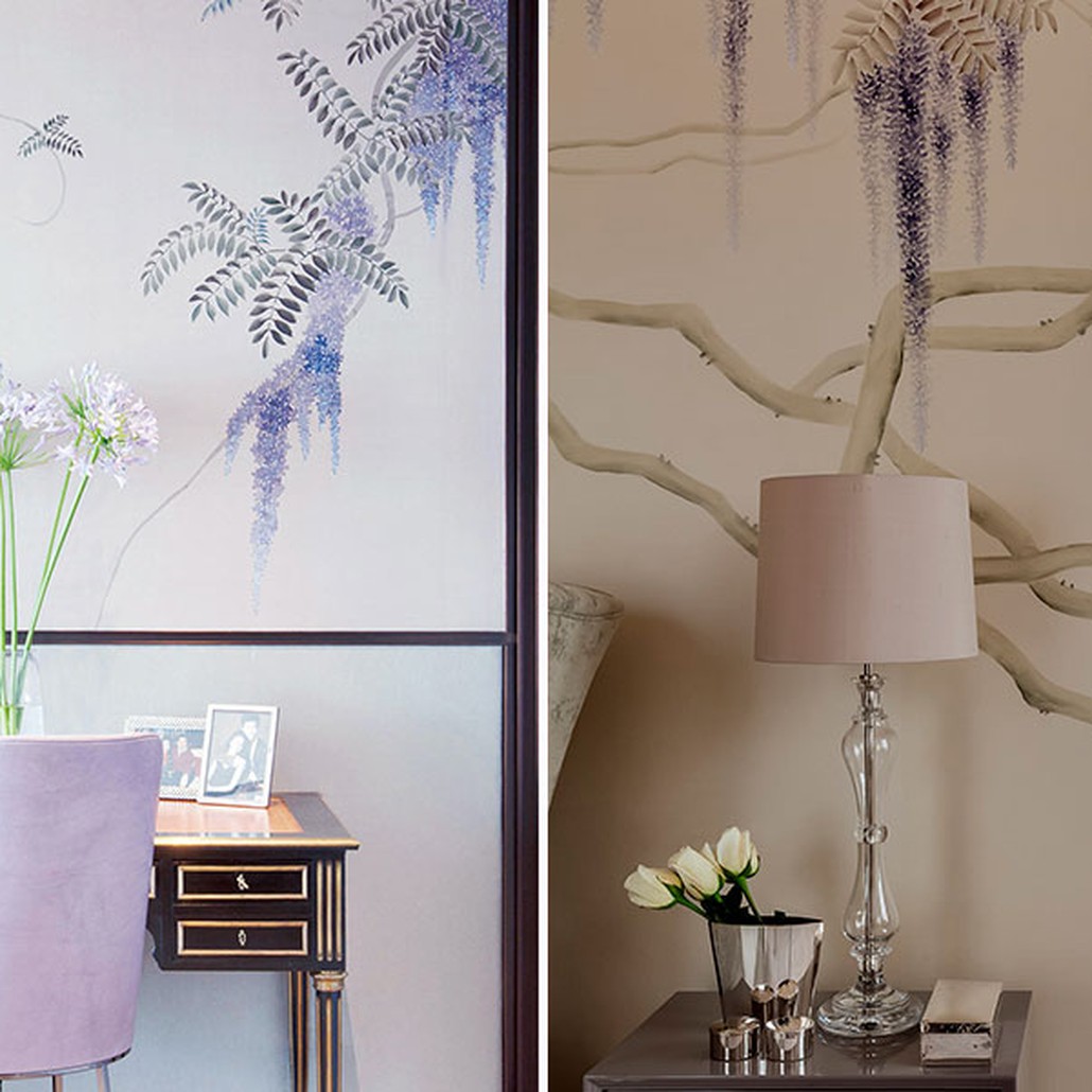 Обои в японском стиле Wisteria Lavender on Natural Mica metallic silk