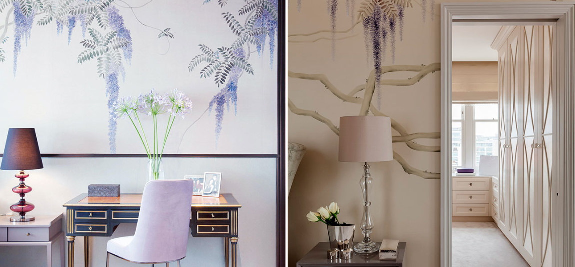 Обои в японском стиле Wisteria Lavender on Natural Mica metallic silk