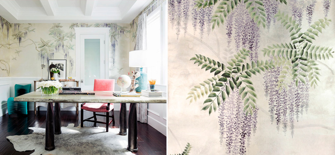 Обои в японском стиле Wisteria Lavender on White Metal gilded paper with pearlescent antiquing