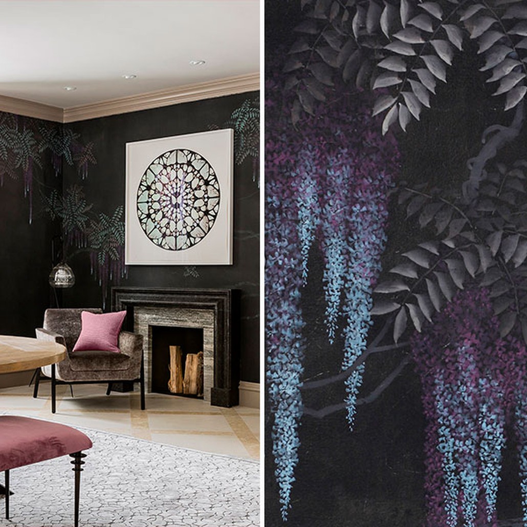 Обои в японском стиле Wisteria Original colourway on Edo Night painted Xuan paper