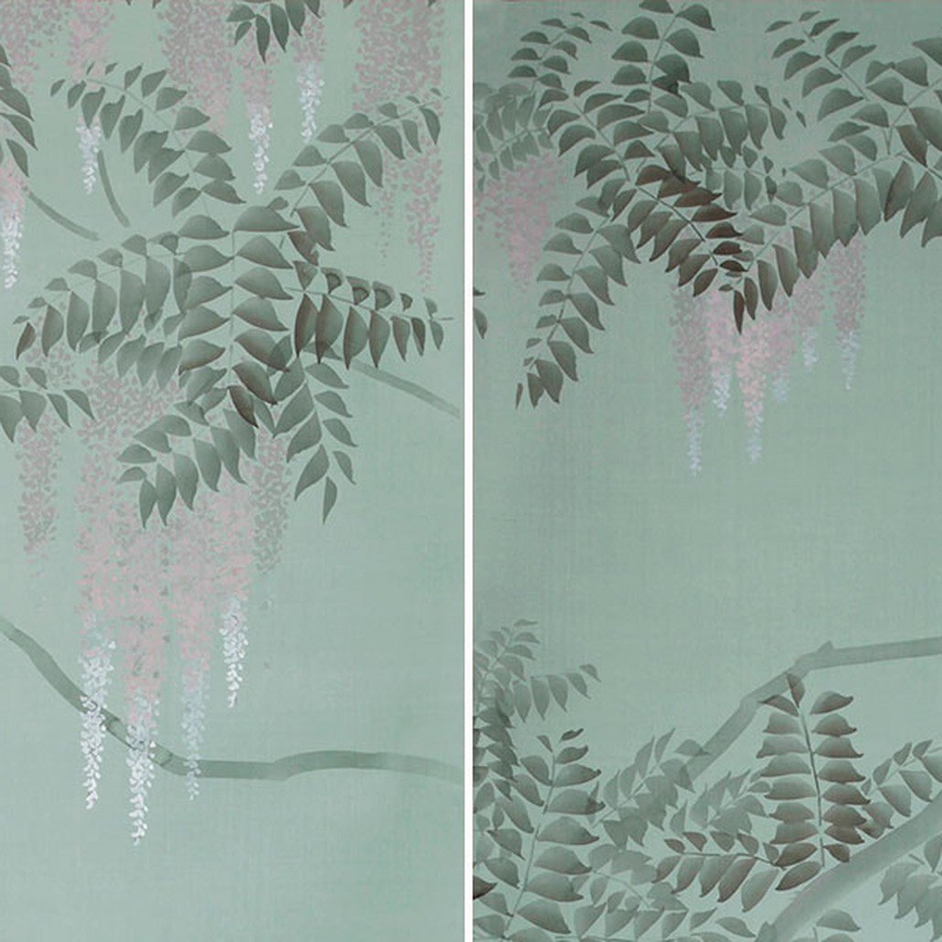 Обои в Японском стиле Wisteria Special Colourway on Blue Grey dyed silk