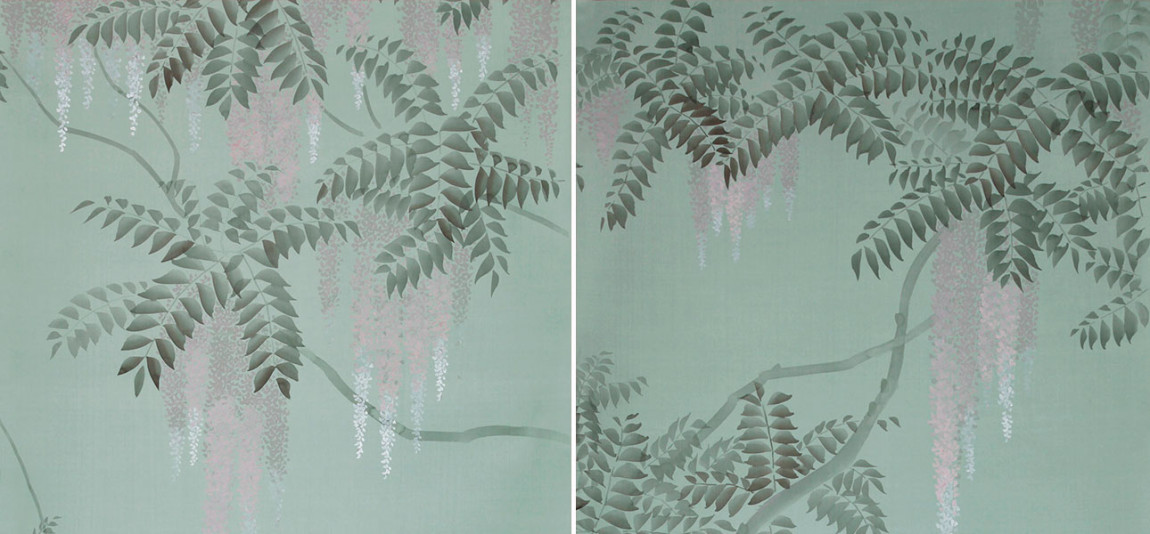 Обои в Японском стиле Wisteria Special Colourway on Blue Grey dyed silk