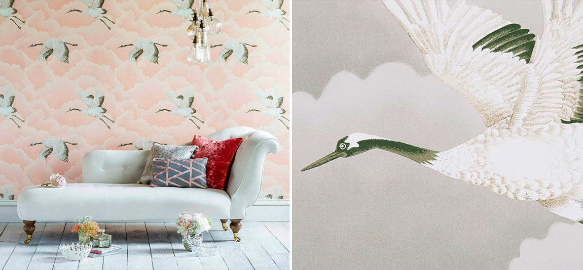 Обои в Японском стиле ручная роспись Cranes In Flight Platinum