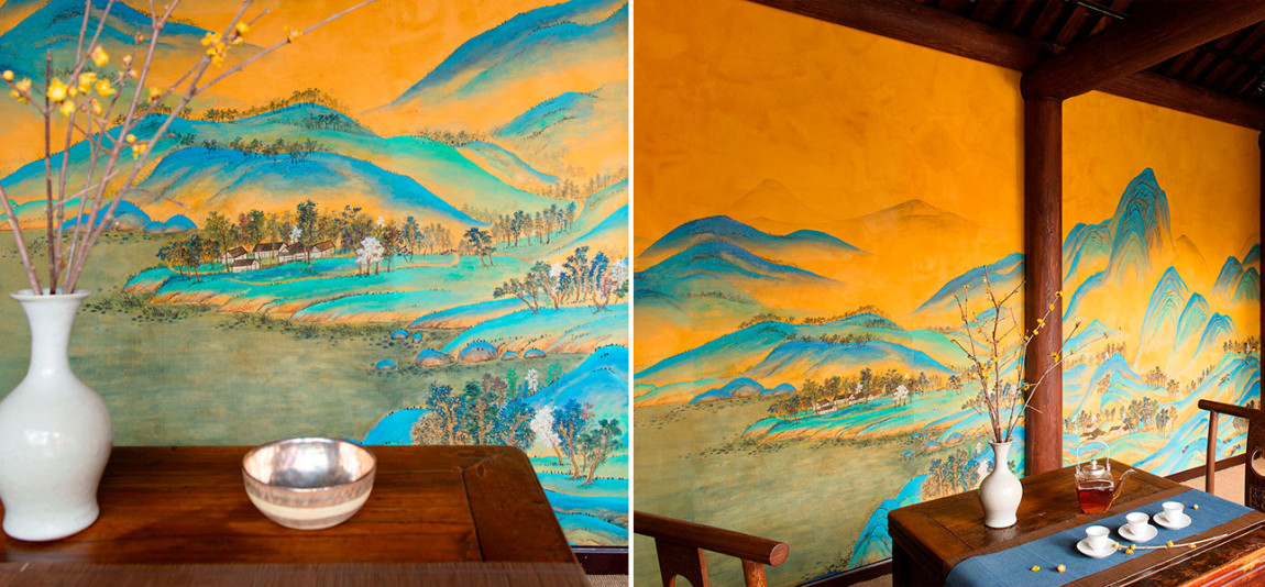 Обои ручная роспись A Thousand Li of Rivers and Mountains Original colourway on brown painted Xuan paper