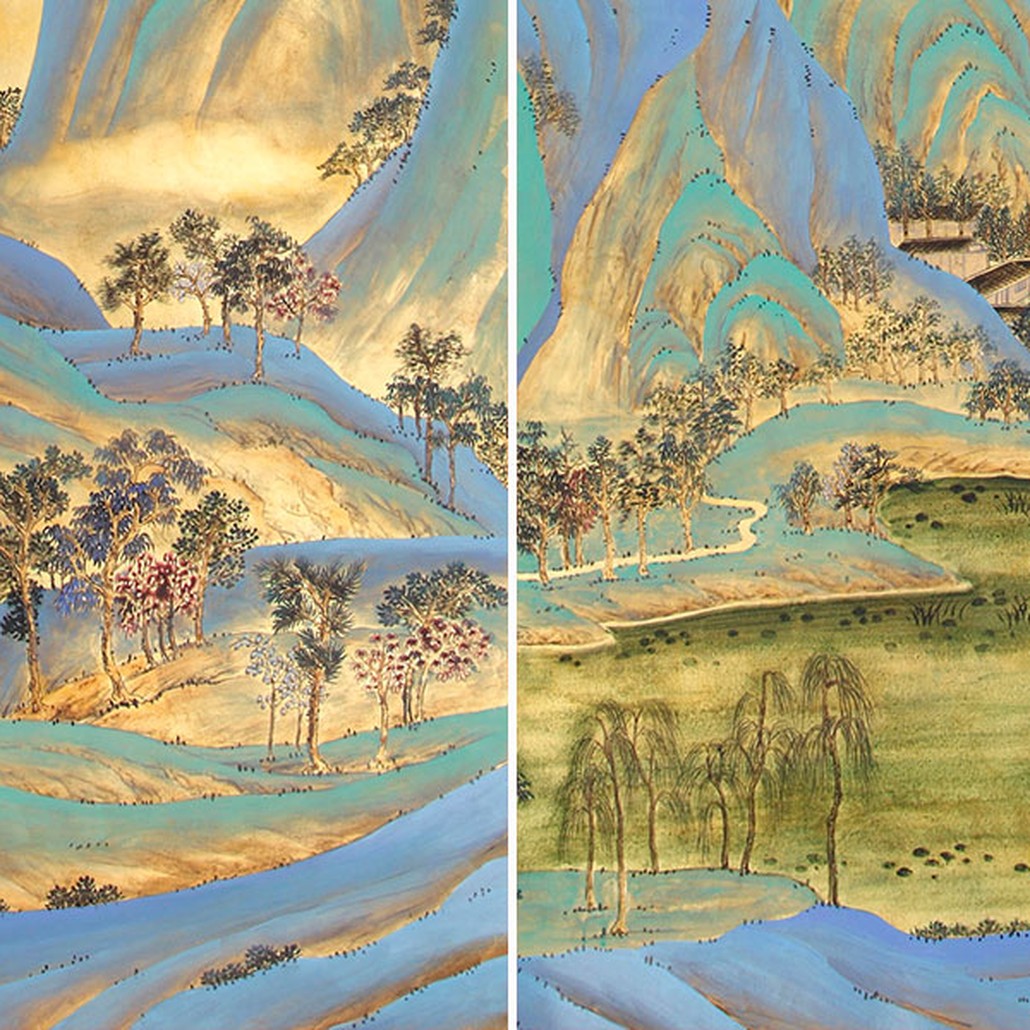Обои ручная роспись A Thousand Li of Rivers and Mountains Original colourway on Deep Rich Gold gilded paper with gold pearlescent antiquing