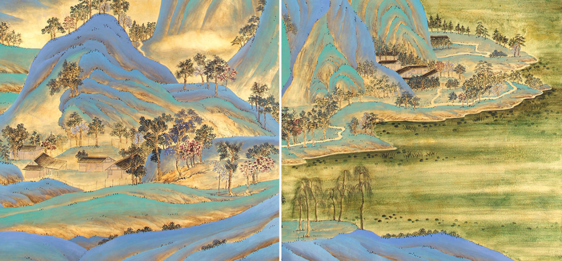 Обои ручная роспись A Thousand Li of Rivers and Mountains Original colourway on Deep Rich Gold gilded paper with gold pearlescent antiquing
