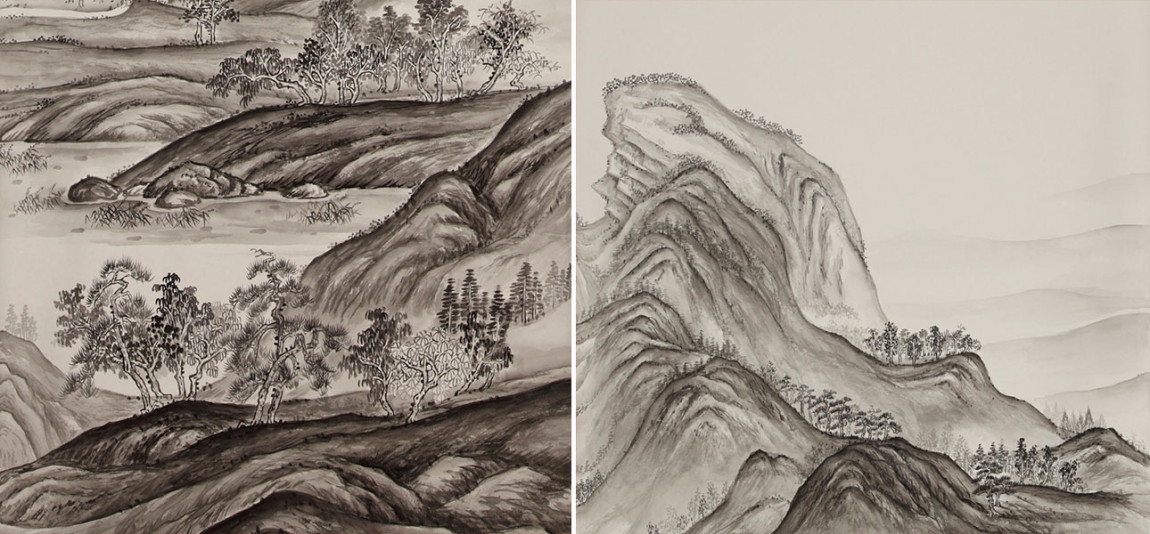 Обои ручная роспись A Thousand Li of Rivers and Mountains Special Colourway on Bleached White dyed silk