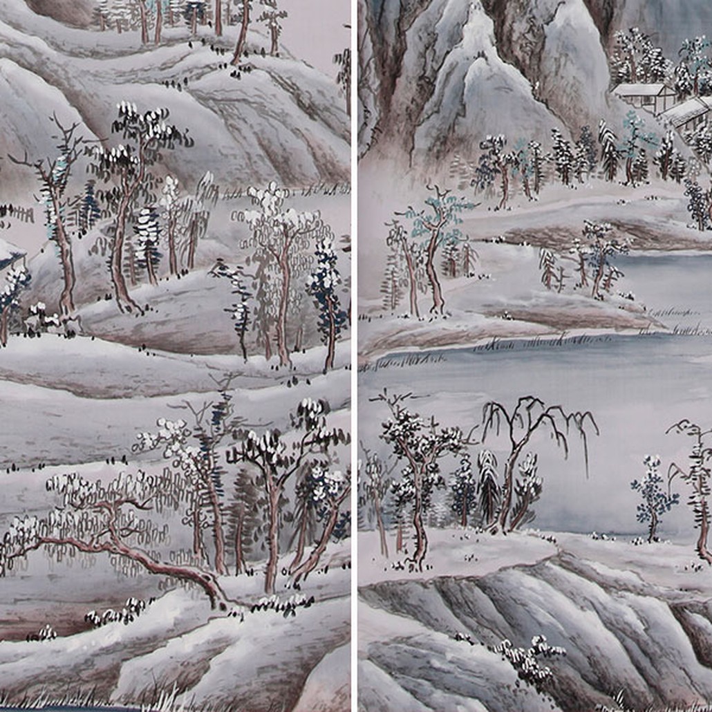 Обои ручная роспись A Thousand Li of Rivers and Mountains Special Colourway on Lilac Hint dyed silk