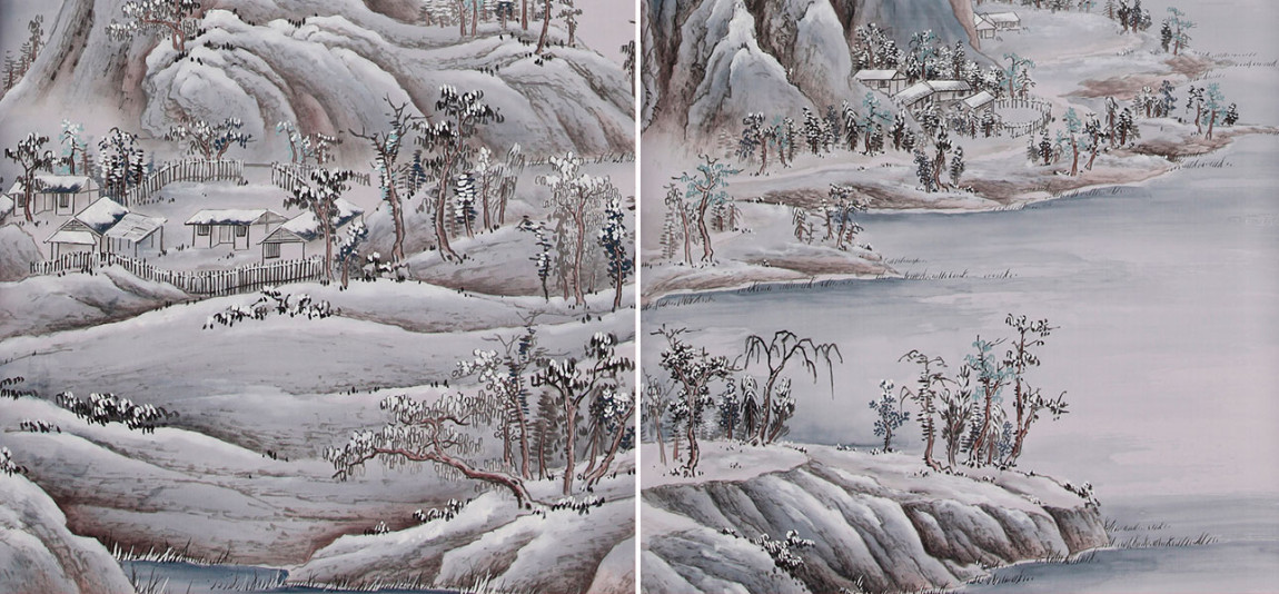 Обои ручная роспись A Thousand Li of Rivers and Mountains Special Colourway on Lilac Hint dyed silk