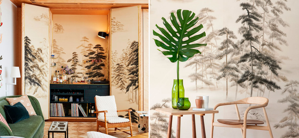 Обои ручная роспись Abstract Pines Dark Lacquer on Natural Mica metallic silk