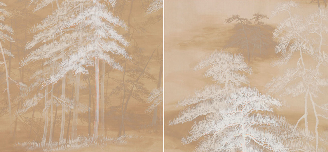 Обои ручная роспись Abstract Pines Original colourway on Stone Ochre dyed silk