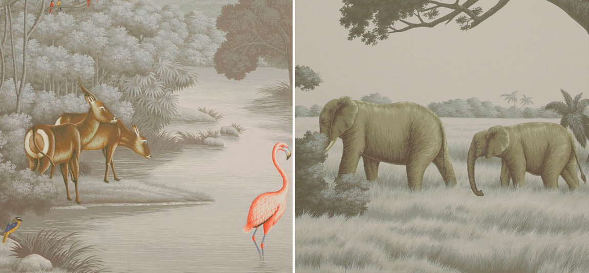 Обои ручная роспись African Savannah Eden on Crystal Grey scenic paper