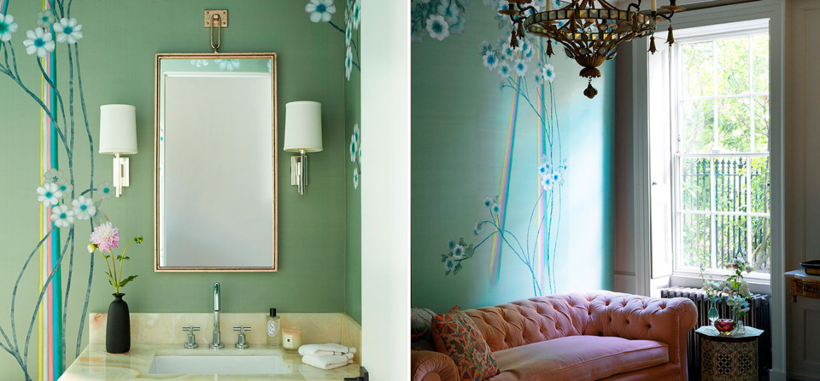 Обои ручная роспись Anemones in Light Daybreak on Blue Grey dyed silk