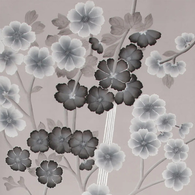 Обои ручная роспись Anemones in Light Dusk colourway on Lilac Hint slub silk