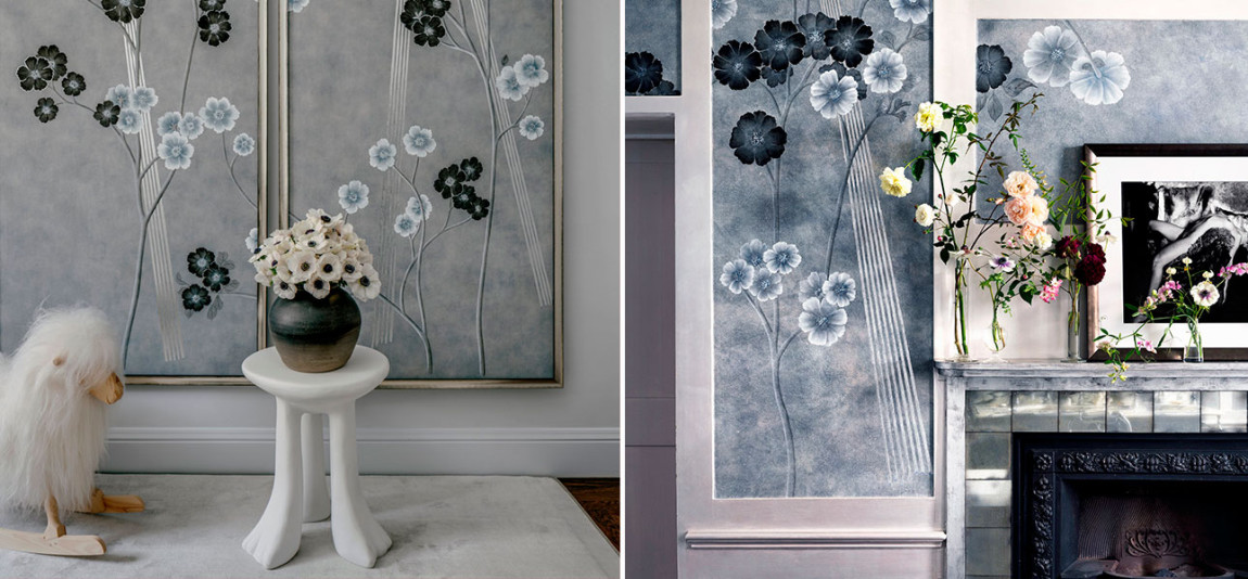 Обои ручная роспись Anemones in Light Dusk colourway on Smoke painted Xuan paper