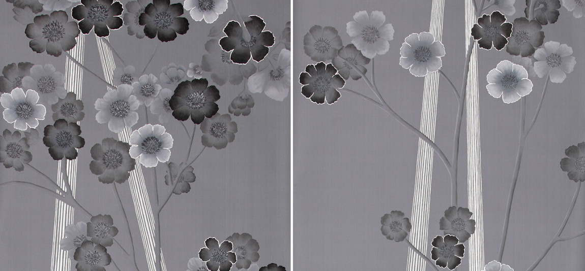 Обои ручная роспись Anemones in Light Dusk on Gun Metal dyed sik