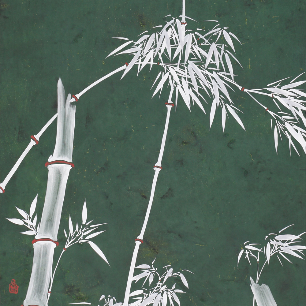 Обои ручная роспись Bamboo Argent on Edo Green painted silk