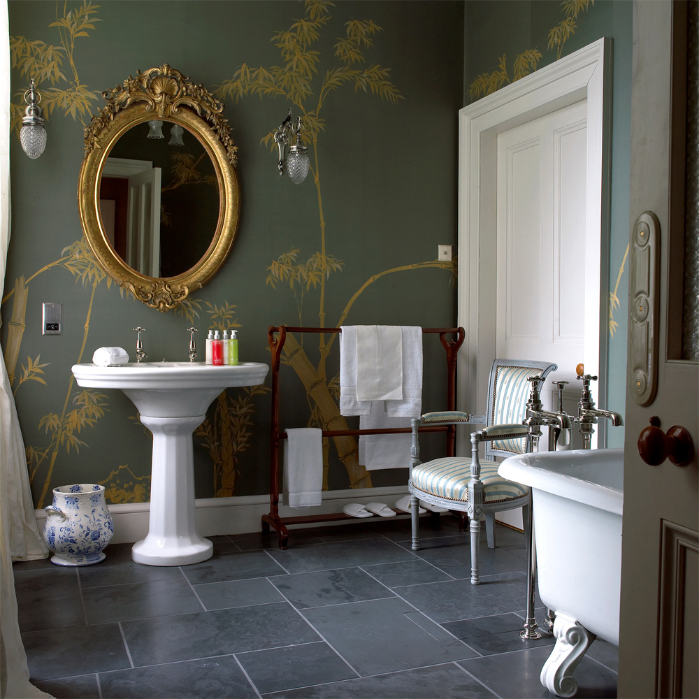 Обои ручная роспись Bamboo Golden on Blue grey dyed silk