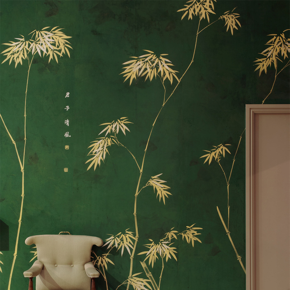 Обои ручная роспись Bamboo Golden on Edo Green India tea paper