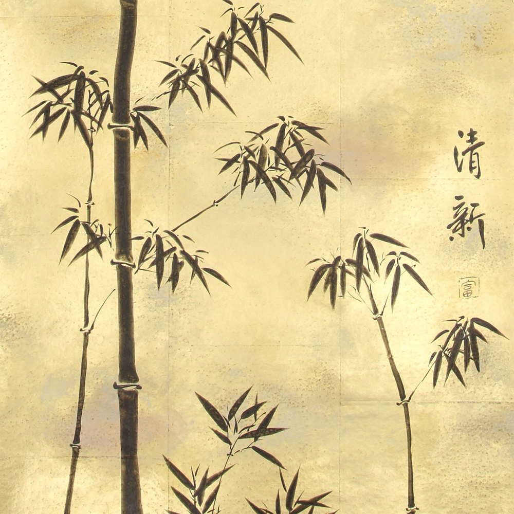 Обои ручная роспись Bamboo Quicksilver on Warm Gold gilded tea paper
