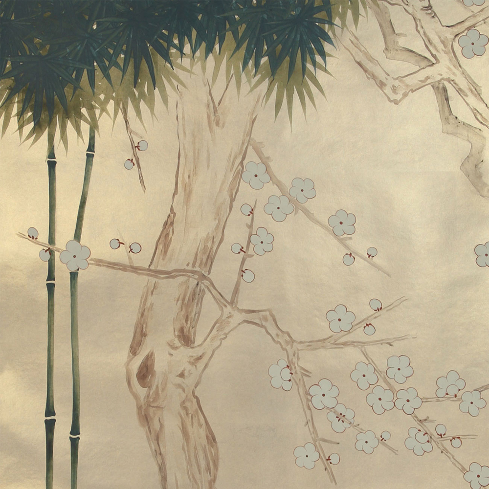 Обои ручная роспись Bamboo River Blossom Original colourway on Brushed Gold gilded paper