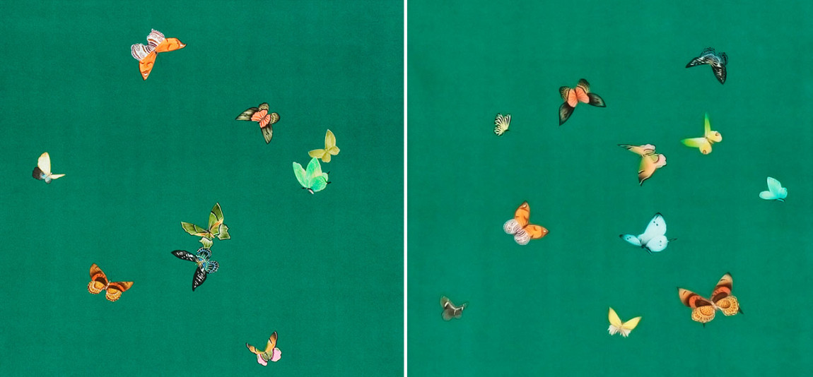 Обои ручная роспись Butterflies Emerald on green dyed paper