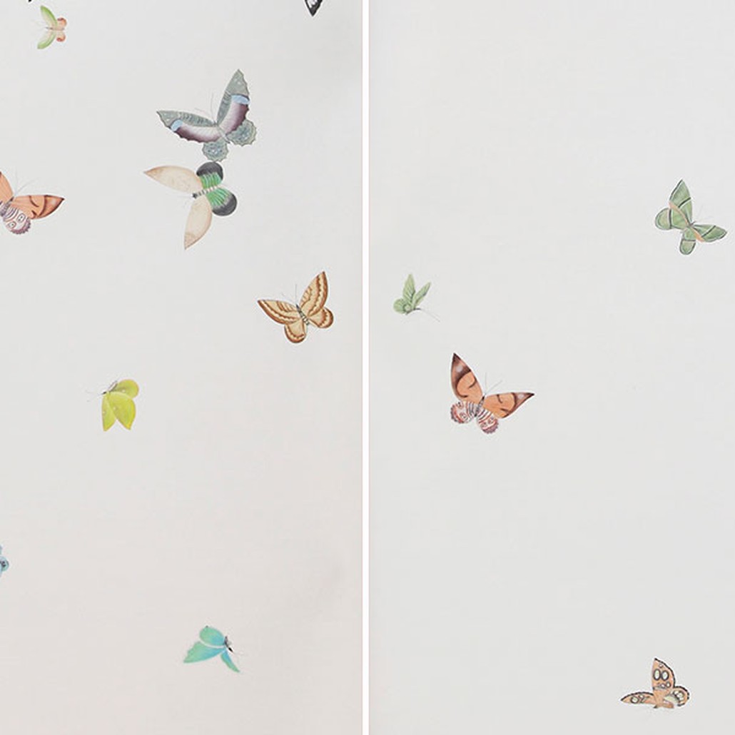 Обои ручная роспись Butterflies Emerald on Natural Mica metallic silk
