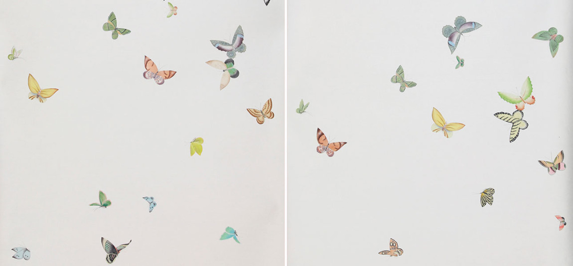 Обои ручная роспись Butterflies Emerald on Natural Mica metallic silk