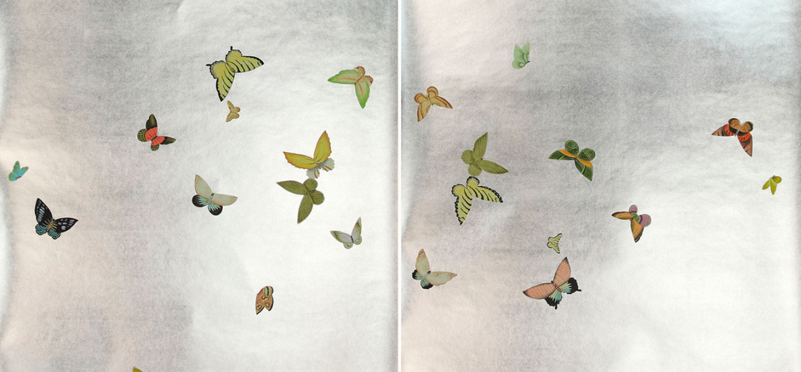 Обои ручная роспись Butterflies Emerald on Tarnished Silver gilded paper