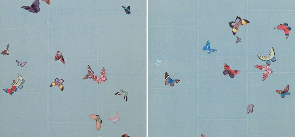 Обои ручная роспись Butterflies Icarus on Azure India tea paper