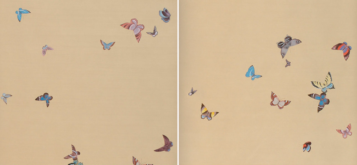 Обои ручная роспись Butterflies Icarus on New Faint Gold metallic silk