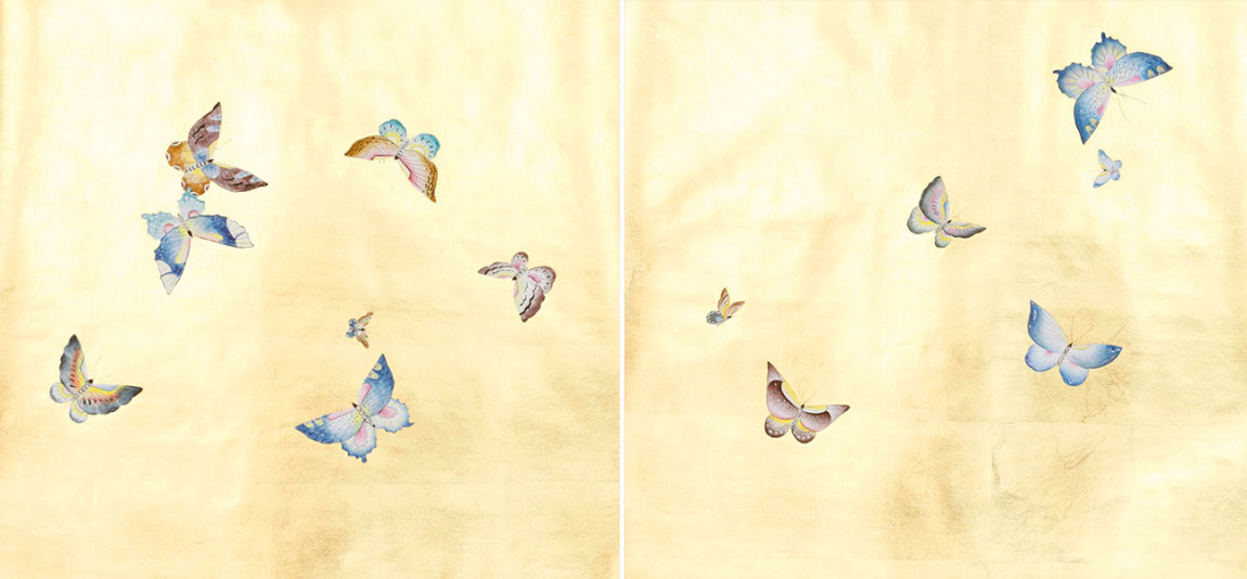Обои ручная роспись Butterflies Special Colourway on Deep Rich Gold gilded paper