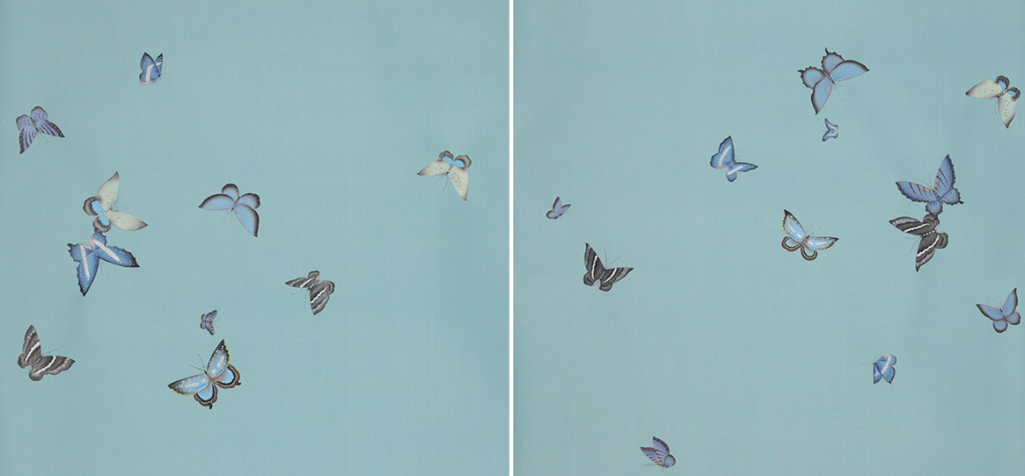 Обои ручная роспись Butterflies Special Colourway on Duck Egg dyed silk