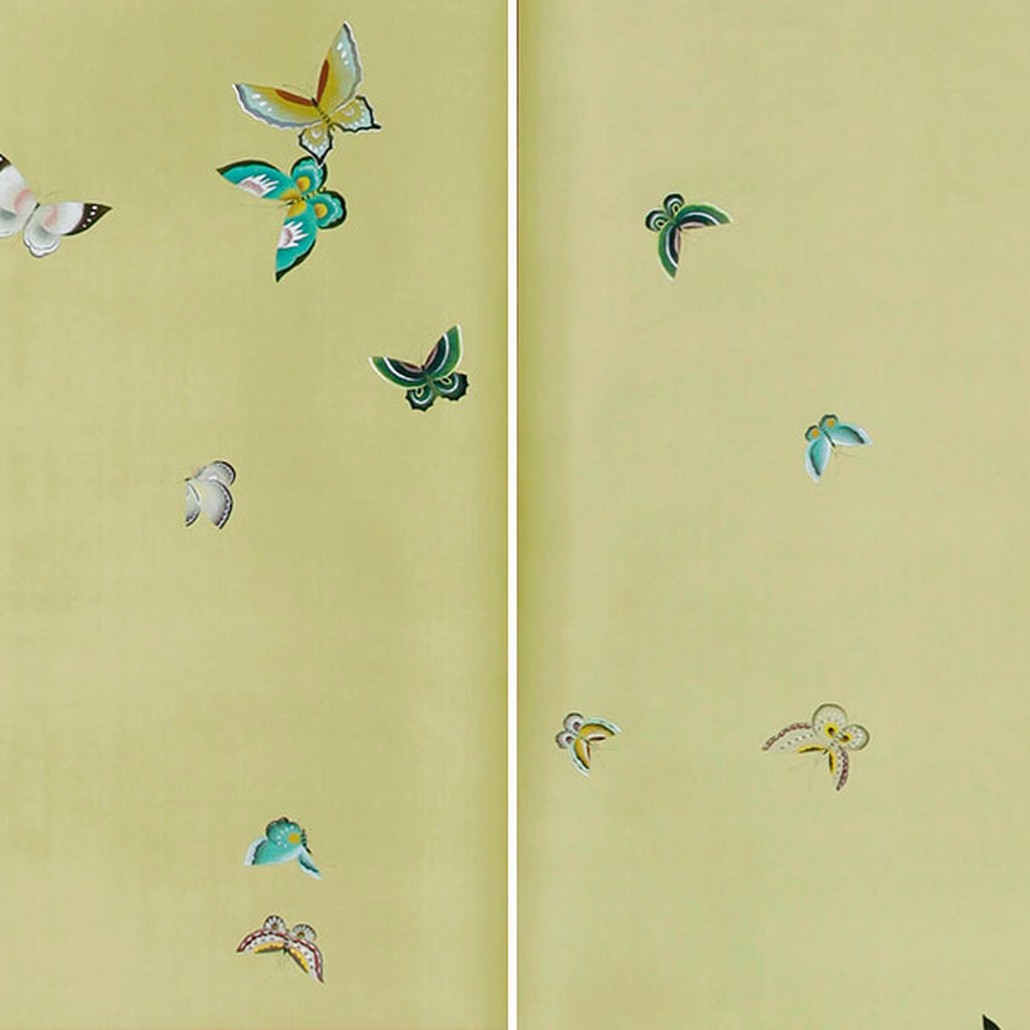 Обои ручная роспись Butterflies Special Colourway on Pea Green dyed silk