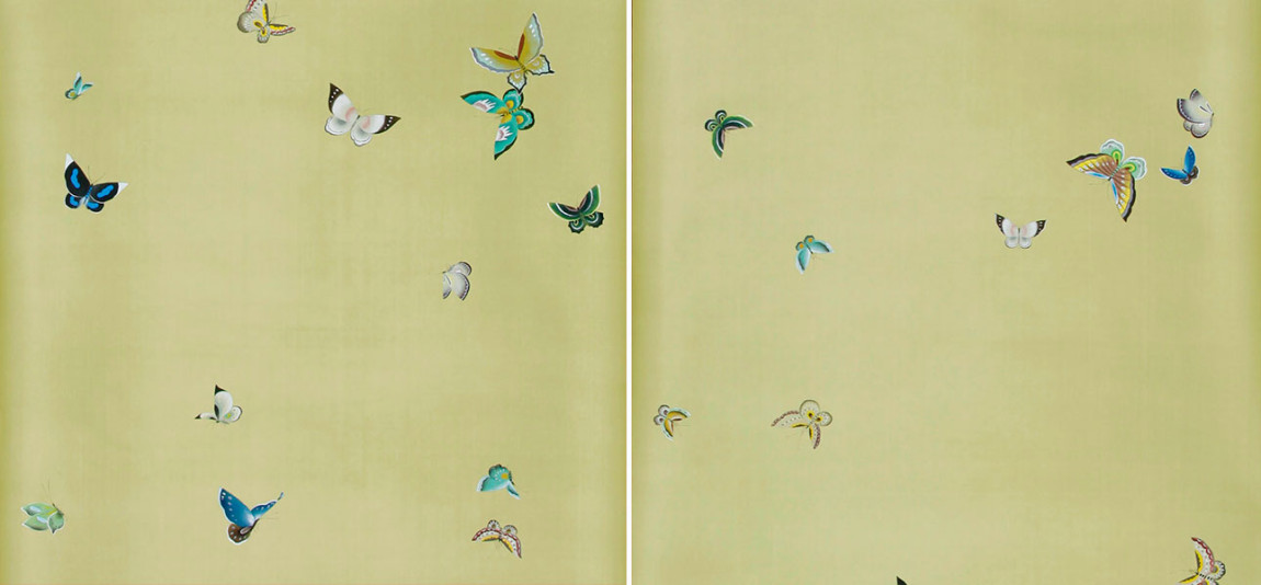 Обои ручная роспись Butterflies Special Colourway on Pea Green dyed silk