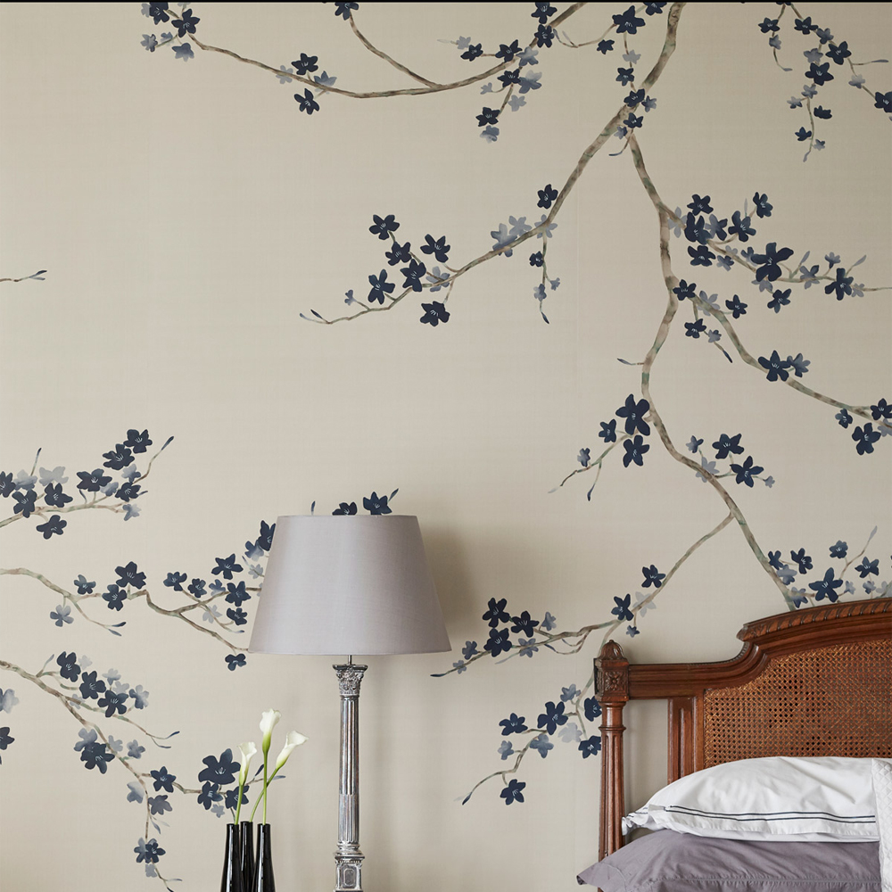 Обои ручная роспись Cherry Tree Original colourway on Stone Ochre dyed silk