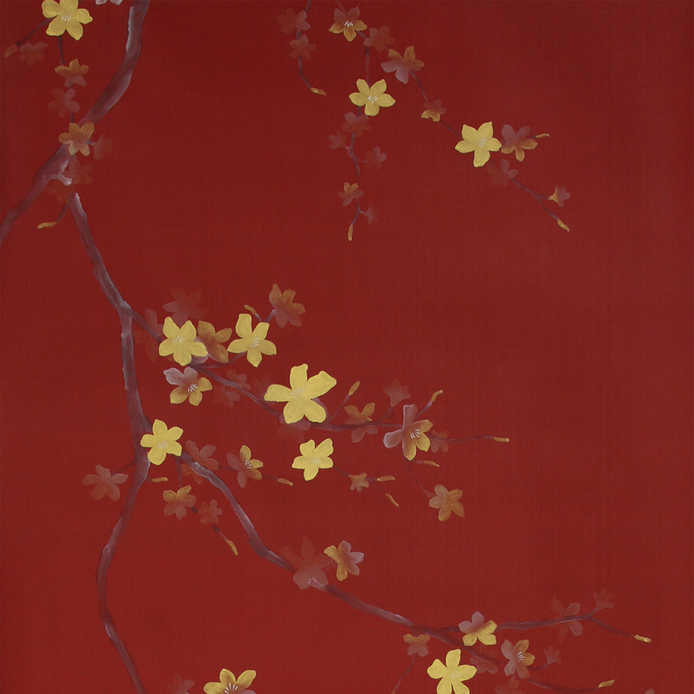 Обои ручная роспись Cherry Tree Special Colourway on Scarlet Lady dyed silk