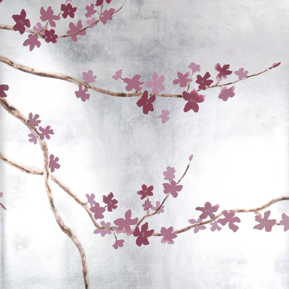 Обои ручная роспись Cherry Tree Special Colourway on Sterling Silver gilded paper