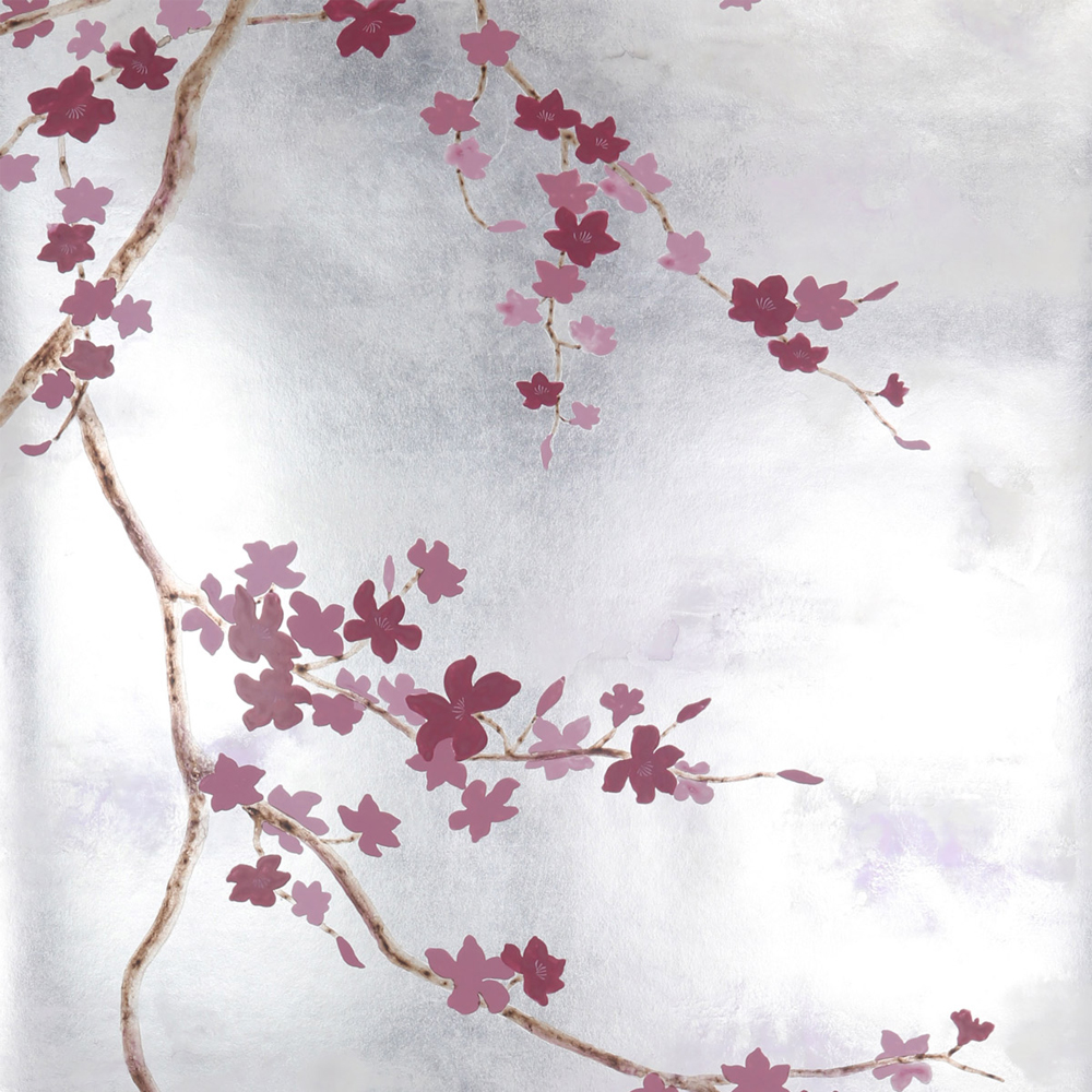 Обои ручная роспись Cherry Tree Special Colourway on Sterling Silver gilded paper