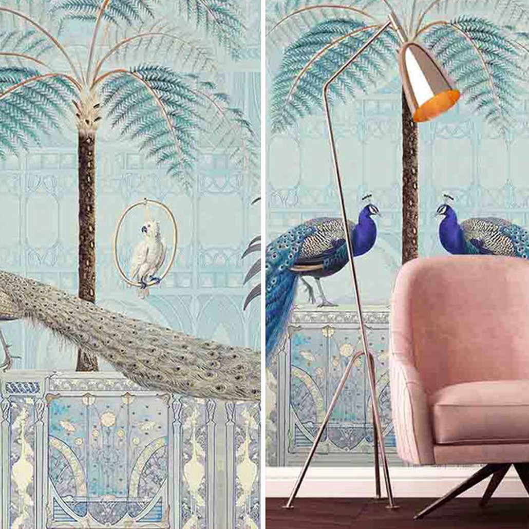Обои ручная роспись Chinoiserie Birds Palace Sapphire