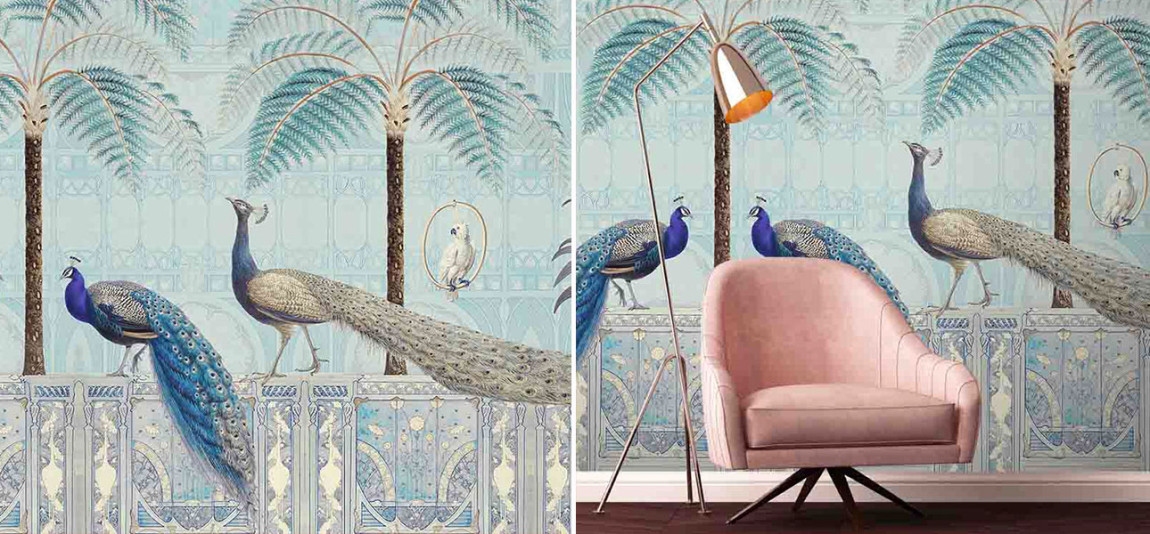Обои ручная роспись Chinoiserie Birds Palace Sapphire