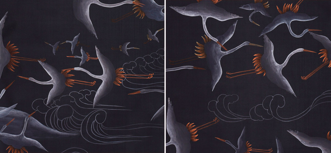 Обои ручная роспись Cranes Scroll Limewash on Pitch dyed silk