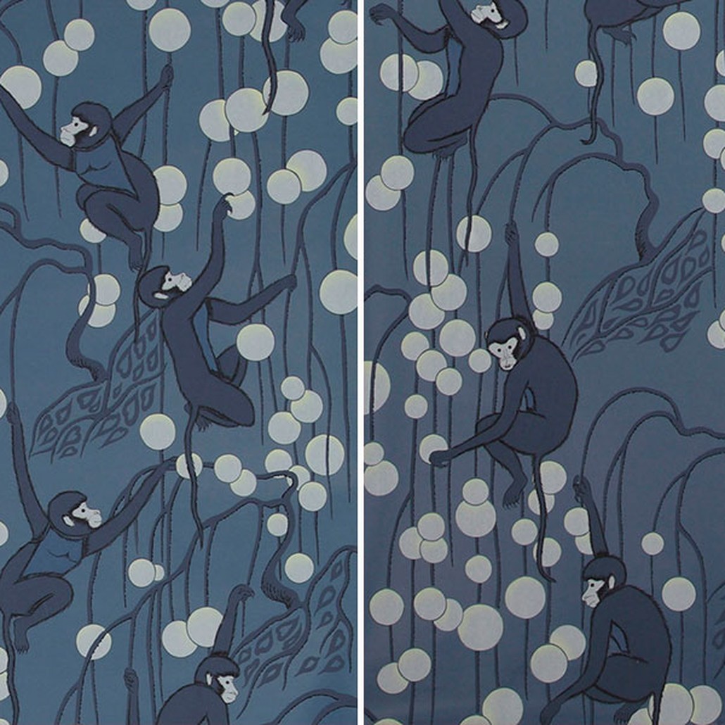 Обои ручная роспись Deco Monkeys Parisian Blue on dyed paper