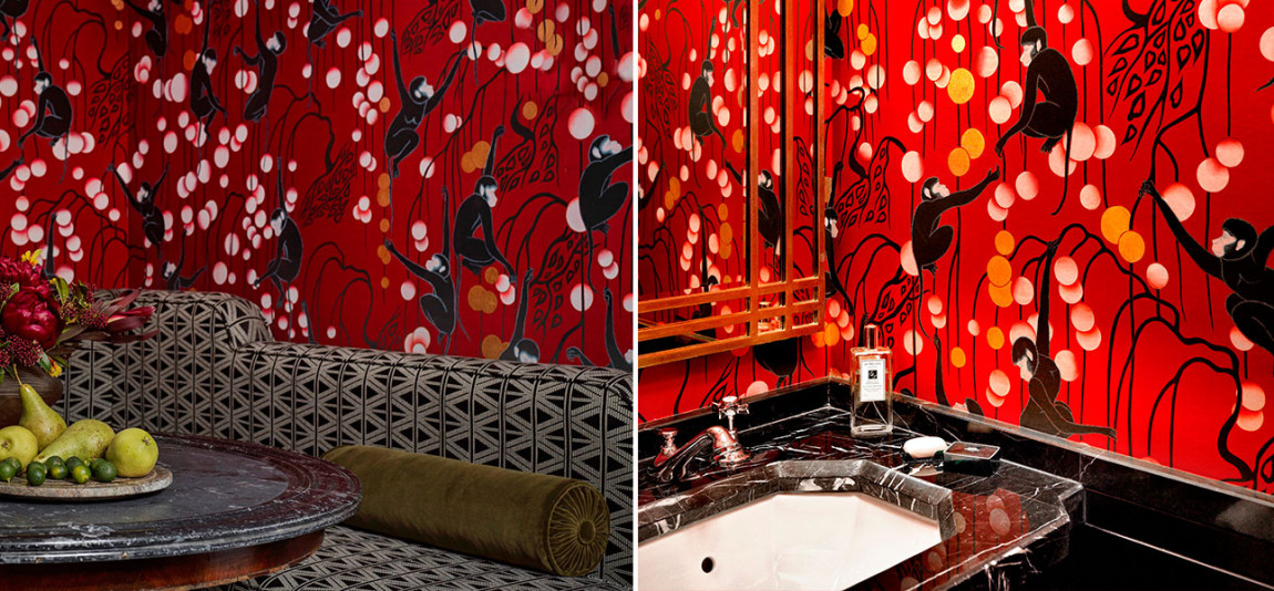 Обои ручная роспись Deco Monkeys Shanghai on Scarlet Lady dyed silk