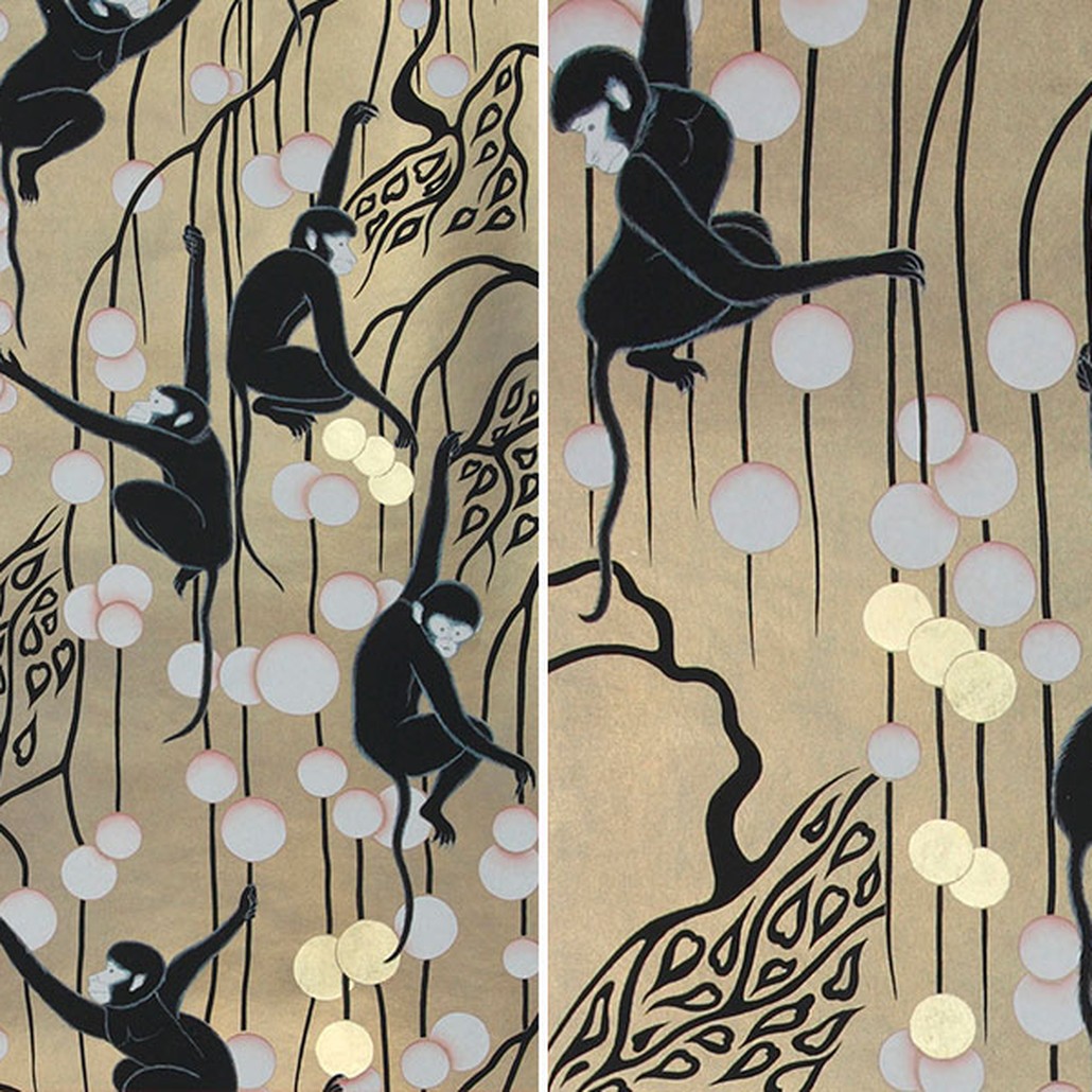 Обои ручная роспись Deco Monkeys Special Colourway on Brushed Gold gilded paper